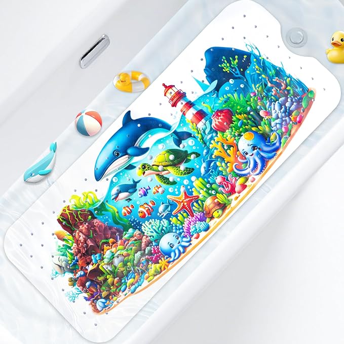 Kids Bath Mat with Ocean Theme Design, 40x16 inches, Non-Slip with 200 Suction Cups, Cartoon Sea Animals Pattern (Turtle+Whale, 40 * 16in)