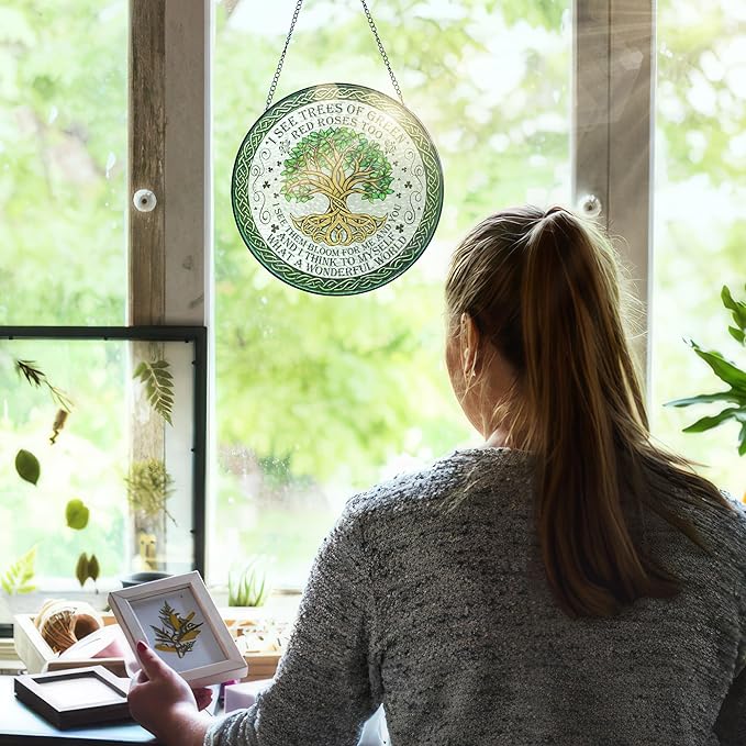 FLAGWIX Tree of Life Gifts for Women Men - Stained Glass Window Hanging 8 in - House Warming Birthday Gifts for Friend Family, Tree of Life Decor Suncatchers for Windows Hanging, Celtic Garden Decor