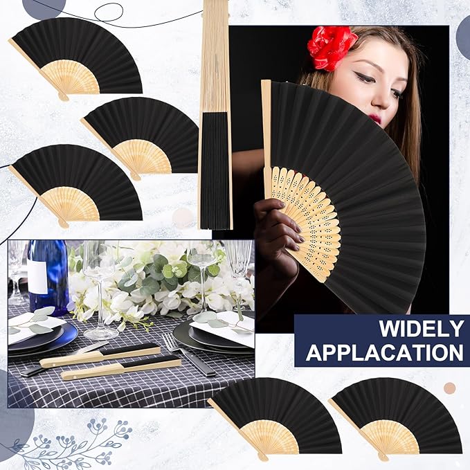 Yinkin 300 Pack Folding Fans Bamboo Handheld Folded Craft Hand Japanese Chinese Fans for Weddings Bridal Dancing Church DIY Decoration Women Gift Party Favors (Black)