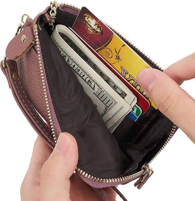 Genuine Leather Coin Purse for Women with Large Opening & Wrist Strap Navy (Purple)