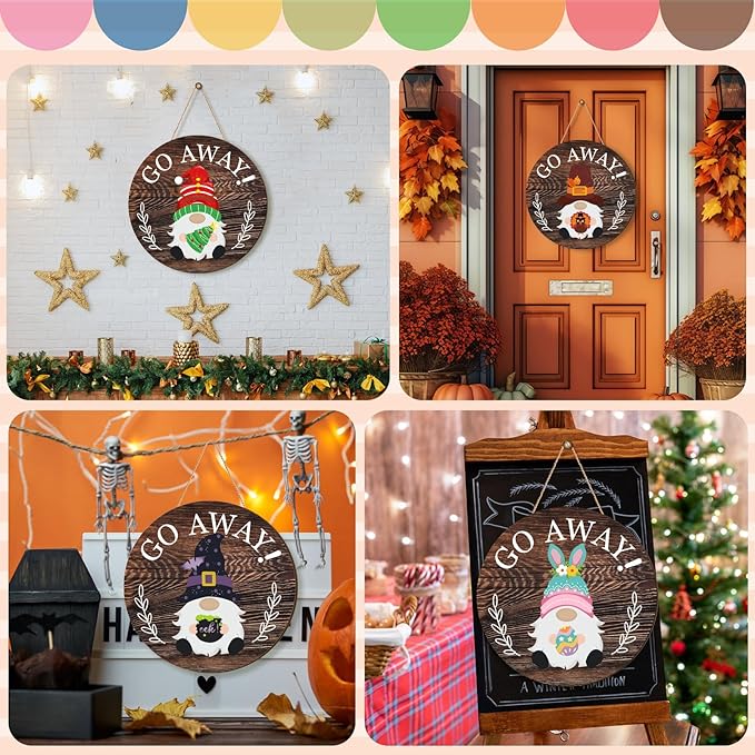 Easter Seasonal Gnome Wall Decor Set, 11.8 inch Wooden Round Sign with Interchangeable Holiday Hats, Go Away Door Hanging (Attractive)