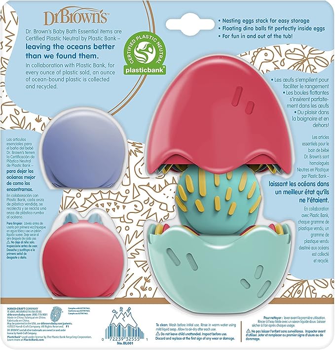 Dr. Brown's CleanUp Dino-Pour Bath Rinse Cup, 0m+ with Dr. Brown's CleanUp Float & Hatch Dino Eggs Nesting Bath Toy, 6m+, BPA Free, Certified Plastic Neutral