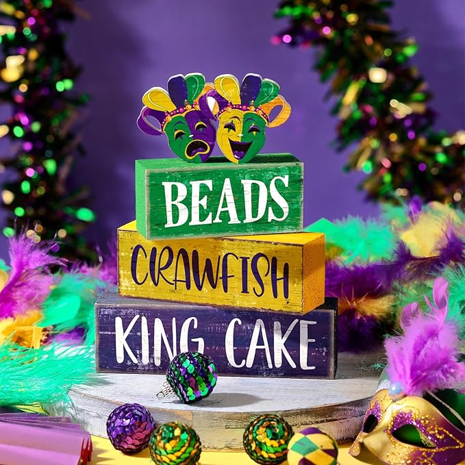 4 Pcs Mardi Gras Decorations Mardi Gras Faux Stacked Books Wooden Sign Book Stack for Kitchen Dining Table Tiered Tray Fireplace Mantel Home Decor