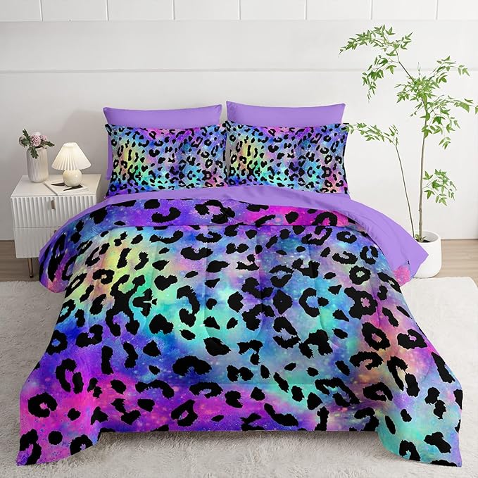 7Pcs Comforter Set Purple Leopard Printed Bedding Set with 1 Comforter, 1 Flat Sheet, 1 Fitted Sheet and 4 Pillowcases for Boys and Girls Bedroom All Season(Twin)
