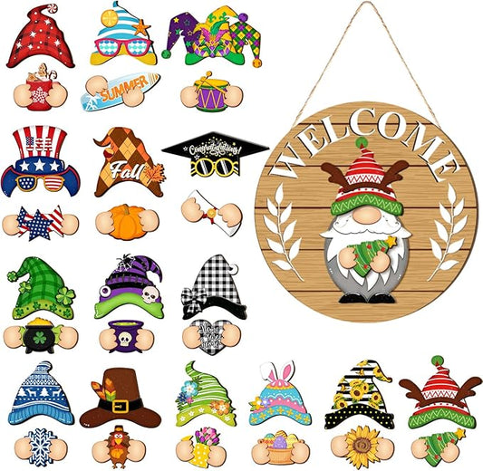 Qunclay Interchangeable Wooden Gnome Decor Holiday Seasonal Gnome Decorations with Magnet Pieces and Detachable Hats Changeable Welcome Sign for Home(Tawny)