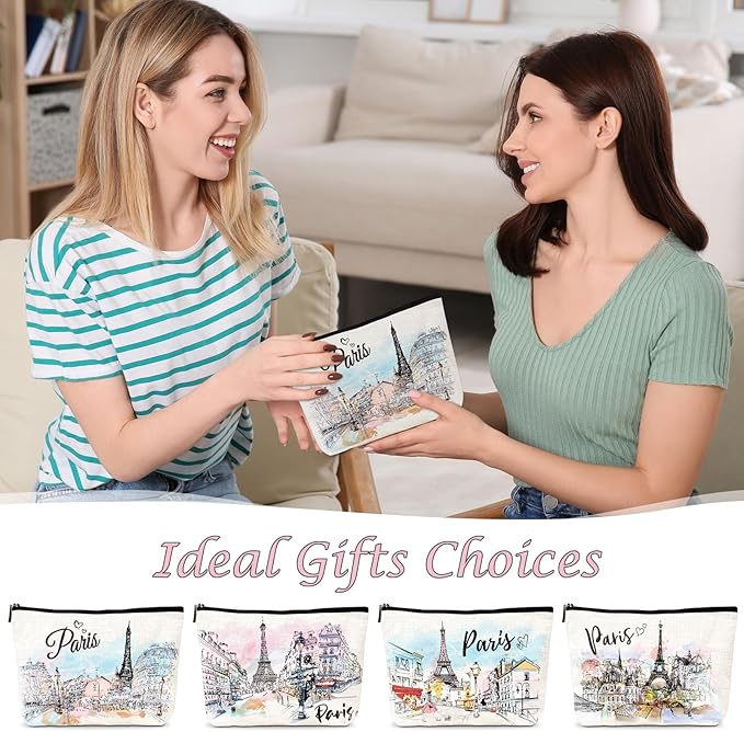 Paris Gifts Travel Essentials - 4Pcs Eiffel Tower Makeup Bag, France Paris City Watercolor Cosmetic Bags with Zipper Pouch, Weekend Vacation Trip Gifts for Travellers Women Girls