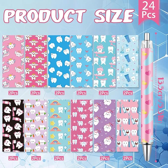 Dental Ballpoint Pens Gifts - 24 Pcs Teeth Pen Set Dental Assistant Retractable Smooth Writing Ballpoint Pen Hygienist Appreciation Gift for Nurse Student Teacher Office School Home Supplies