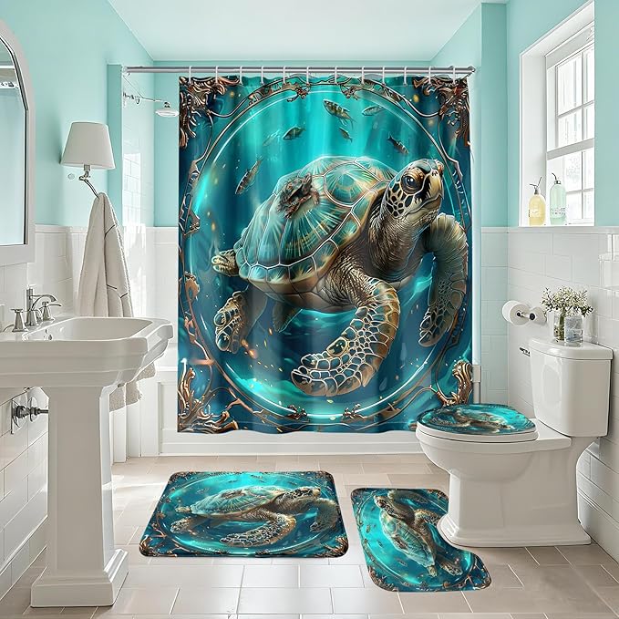 Sea Turtle Shower Curtains - 4 Pcs Kids Shower Curtain Set Ocean Themed Shower Curtain Turtle Shower Curtains for Bathroom Turtle Bathroom Accessories with Rug,and Bath Mat with 12 Hooks