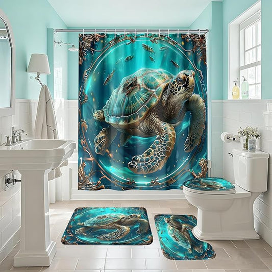 Sea Turtle Shower Curtains - 4 Pcs Kids Shower Curtain Set Ocean Themed Shower Curtain Turtle Shower Curtains for Bathroom Turtle Bathroom Accessories with Rug,and Bath Mat with 12 Hooks
