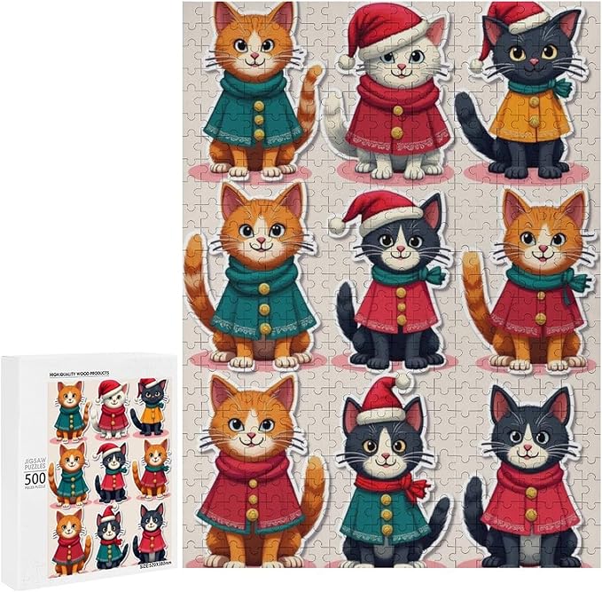Wooden Puzzle 500 Pieces Adult - Christmas Cat Puzzle Christmas Puzzles, Holiday Puzzles, Family Toys, Party Games, Jigsaw Puzzle Challenge and Funny