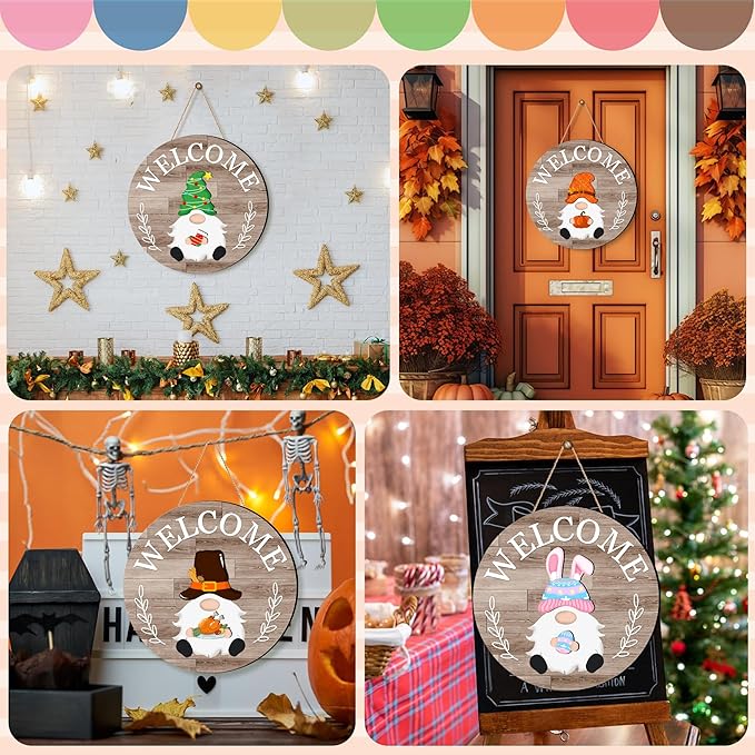 Seasonal Gnome Wall Decor Set, 11.8 inch Autumn Wooden Round Sign with Interchangeable Holiday Hats, Welcome Door Hanging (Grey-3)