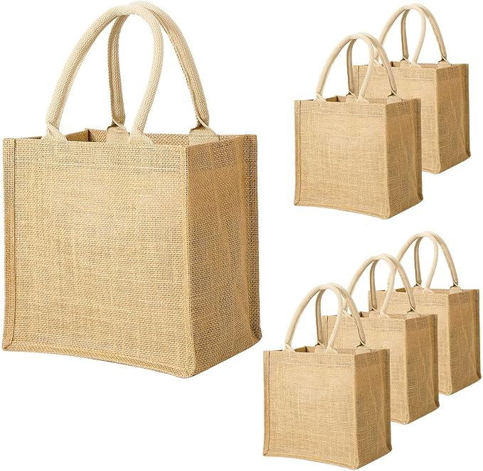 Segarty Burlap Tote Bags, 6 Pack Small White Reusable Jute Canvas Gift Favors Bag with Handles Blank Tote Bulk for Bridesmaid Wedding, Bachelorette Party, Beach Trip, Women Market Grocery Shopping