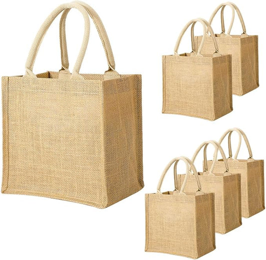 Segarty Burlap Tote Bags, 6 Pack Small White Reusable Jute Canvas Gift Favors Bag with Handles Blank Tote Bulk for Bridesmaid Wedding, Bachelorette Party, Beach Trip, Women Market Grocery Shopping
