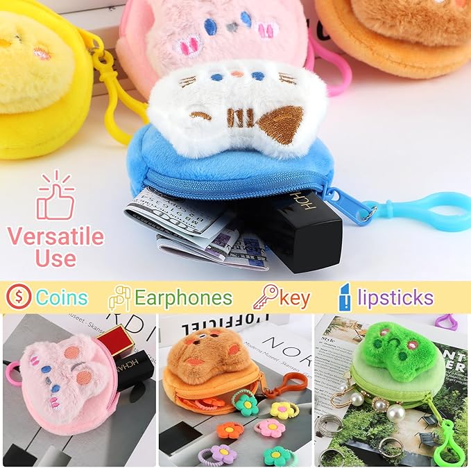 24 Pcs Cute Coin Purse for Women, Kawaii Plush Coin Pouch, Mini Wallet with Zipper Keychain, Small Change Purse for Women on Back to School Halloween Christmas Exchange Gifts