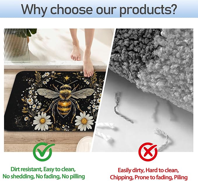 Vintage Bee Flowers Bathroom Rug 29.5"x17", Super Absorbent Fast Drying Bath Mat with Non-Slip Rubber Backing, Thin Low-Profile Easy-Clean Bathroom Floor Mat for Shower or Tub