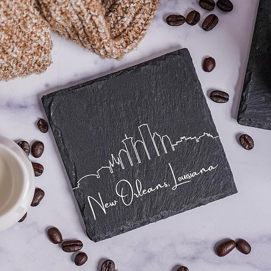 Blue Ridge Mountain Gifts - New Orleans LA Skyline Coasters, Set of 4 - New Orleans Louisiana Souvenir, Slate Coasters with Minimalist Skyline, Housewarming Gift for Friends, Family, & Neighbors