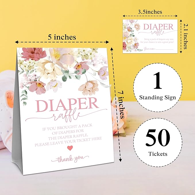 Floral Baby Shower Diaper Raffle Game Set - Watercolor Flowers 1 Standing Sign & 50 Diaper Raffel Tickets - Baby Announcement, Gender Reveal Party Activities & Decorations for Boys, Girls - A02