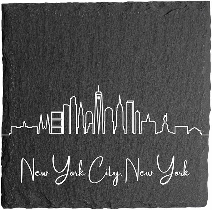 Blue Ridge Mountain Gifts - New York City Skyline Coasters, Set of 4 - New York City New York Souvenir, Slate Coasters with Minimalist Skyline, Housewarming Gift for Friends, Family, & Neighbors