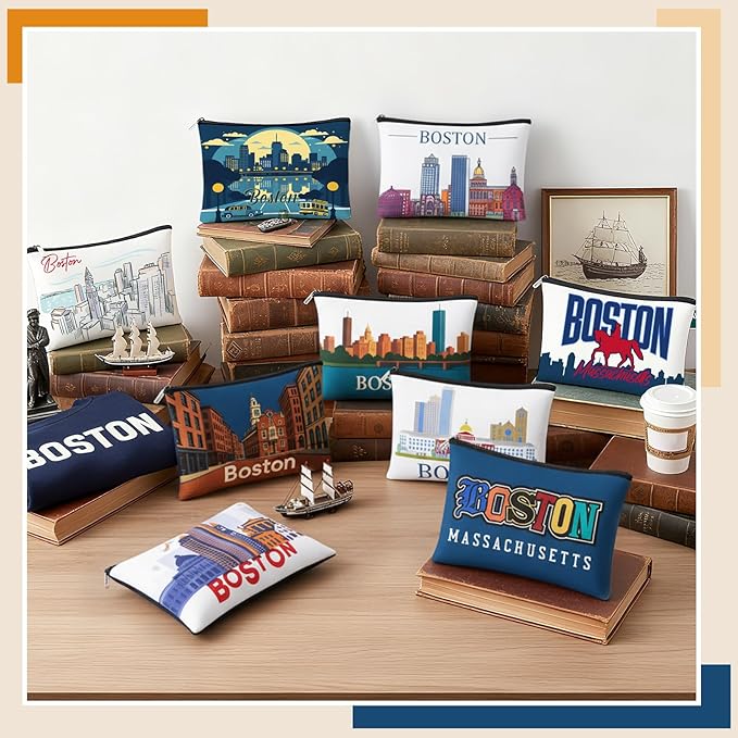Reginary 12 Pcs City Souvenir Gifts Texas State Gifts Chicago City Souvenirs California Makeup Bag Paris San Francisco Alaska Zippered Cosmetic Bag for Women Traveler Souvenirs (Boston)