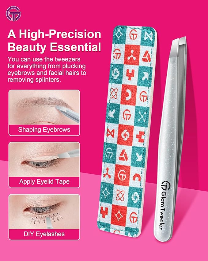 Expert Slant Tip Tweezers with Leather Case, GlamTweeler Sharp & Precision Stainless Steel Tweezer for Eyebrows, Facial Hair and Fine Hairs Removal (Sparkle Silver)