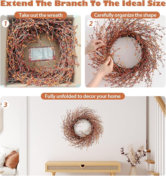 24 Inch Fall Wreath for Front Door with Large Grapevine, Orange Pip Berry Wreath for Fall Door Decor, Autumn Wreaths for Farmhouse Wall Window Home and Halloween Christmas Thanksgiving Decoration