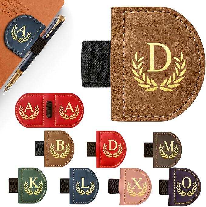 Personalized Leather Magnetic Bookmark with Pen Holder, Custom Bygone Mark Bookmark with Pen Holder, Custom Bookmarks with 26 Letters for Reading Women, Men, Teachers, Book Lovers（Brown，D）