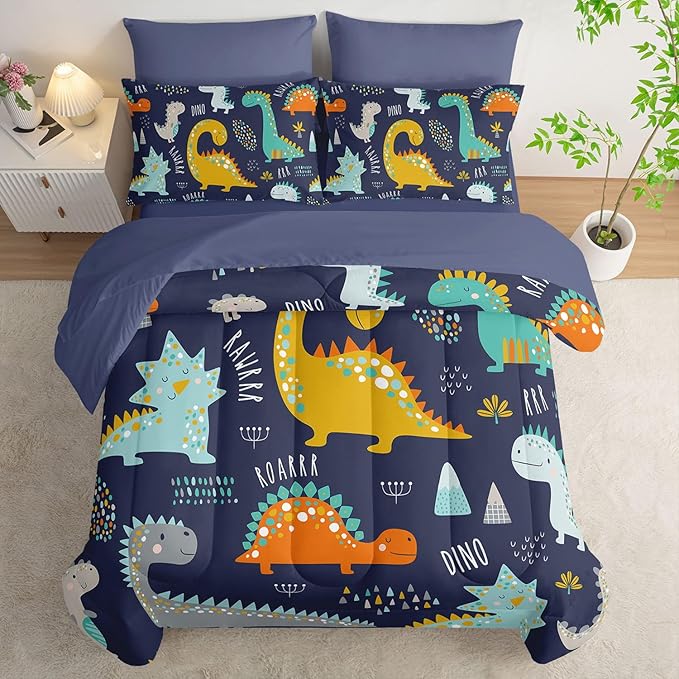 7Pcs Comforter Set Cartoon Dinosaur Printed Bedding Set with 1 Comforter, 1 Flat Sheet, 1 Fitted Sheet and 4 Pillowcases for Boys and Girls Bedroom All Season(Queen)