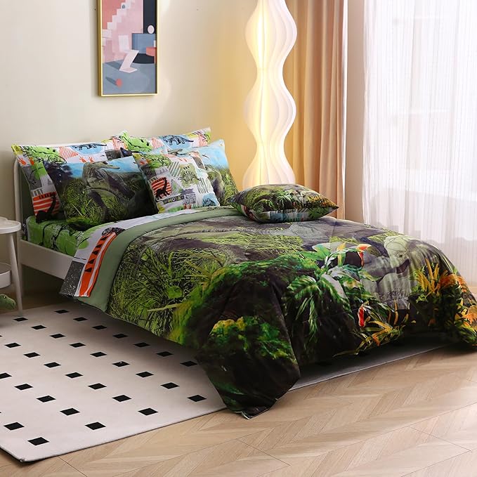 Queen Size Dinosaur Bedding Set for Kids - 9Pcs 3D Comforter Bed in A Bag for Teens Bedroom - 1 Comforter, 4 Pillowcases, 1 Flat Sheet, 1 Fitted Sheet, 2 Throw Pillow Cases