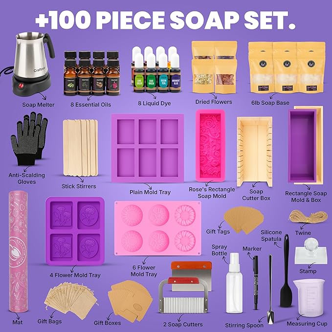 CraftZee Ultimate Deluxe Soap Making Kit - All-in-One Soap Making Supplies with 6lbs Soap Base, 8 Dyes, 8 Essential Oils, Silicone Molds, Cutters, All Essential Tools & Instructions, Gift Bags & Boxes