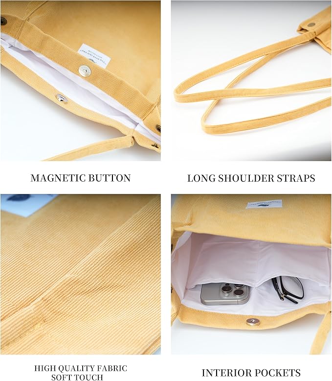 Corduroy Tote Bag Cute Tote Bags for Women Shoulder Bag with Inner Pocket for Work Beach Travel and Shopping Grocery