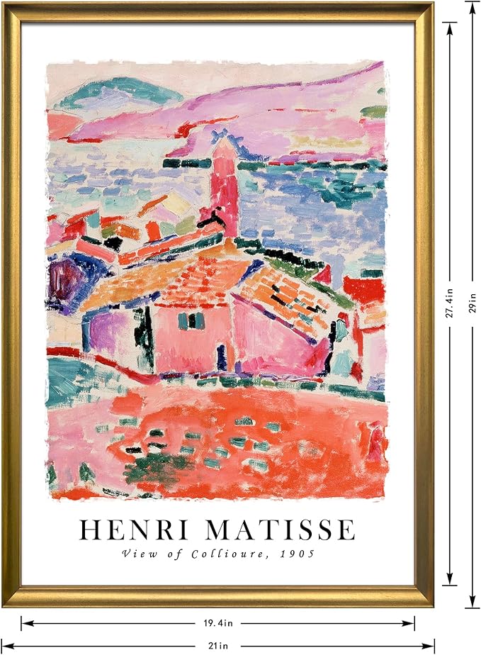 Wieco Art Large Framed Wall Art View of Collioure 1905 by Henri Mattise Abstract Colorful Art Matisse Posters Canvas Prints for Wall and Home Office Decorations Bronze Gold Frame