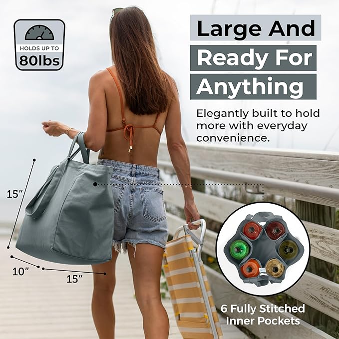 VeraMia Canvas Grocery Bag 3pc XL Set with Real Pockets, Long Shoulder Strap and Short Handle. Heavy Duty, Foldable, Washable