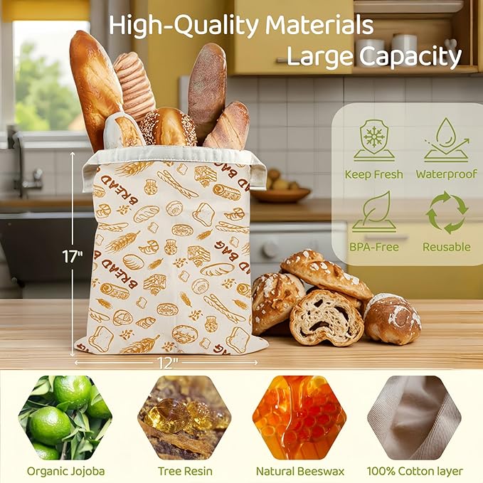 2 Pack XL Beeswax Bread Bags with Zipper Seal – Reusable Cotton Linen Waxed Bread Bags for Homemade Bread, Sourdough Storage, Eco-Friendly Bees Wax Bag Alternative to Plastic (2Pack)