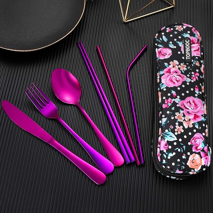 Travel Utensils,Reusable Silverware Set To Go Portable Cutlery Set with a Waterproof Carrying Case for Lunch Boxes Workplace Camping Picnic (Purple)