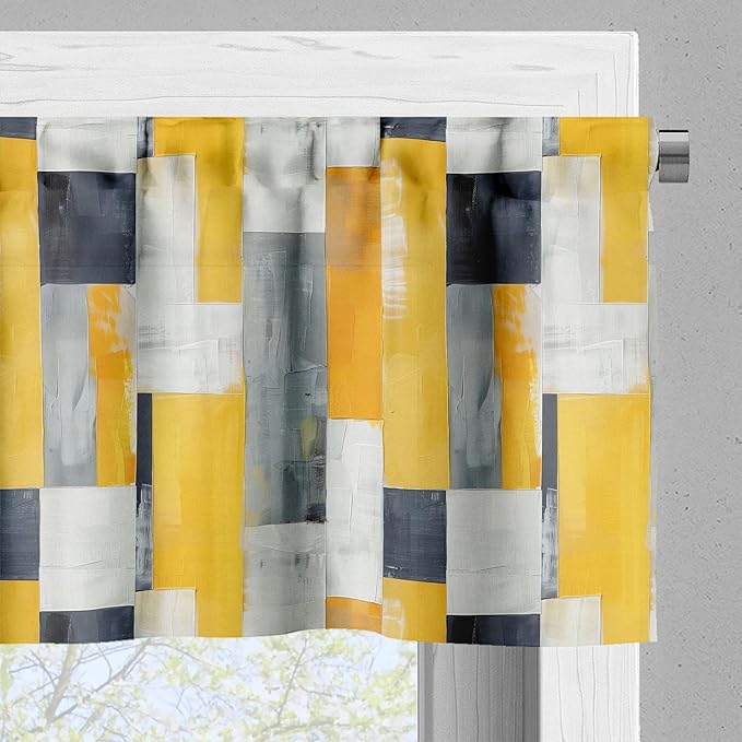 Ambesonne Retro Valance & Tier Curtain 3 pcs Set, Contemporary Abstract Geometric Tricolor Shapes Marker Art Paint Print, Window Treatments for Kitchen Room Decor, 55" x 30", Amber White Charcoal Grey