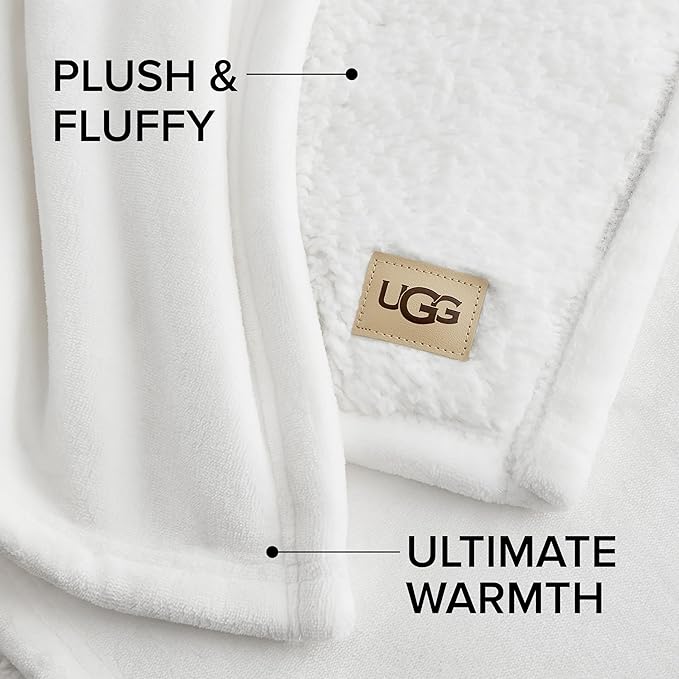 UGG Nita Full/Queen Blanket Fleece Fluffy Reversible Soft Fuzzy Bedding Cozy Plush Warm Oversized Blanket Machine Washable Bedroom Decor for Big Couch or Bed, 90-inch x 90-inch, White Snow