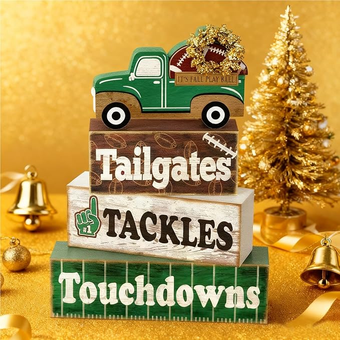 4 Pcs Football Decor, Rustic Football Wooden Signs for Room, Table, Shelf, Locker Room, Sports Centerpieces for Bedroom, Living Room, Coach & Senior Night Gifts