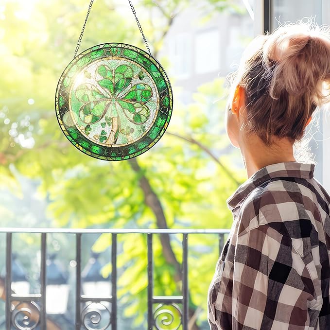 FLAGWIX Christmas Irish Gifts for Women Men - 100% Stained Glass Hanging Suncatcher 6 in - Birthday Christmas Irish Decorations for Family Friends, Shamrock Home Decor, St Patricks Day Decorations