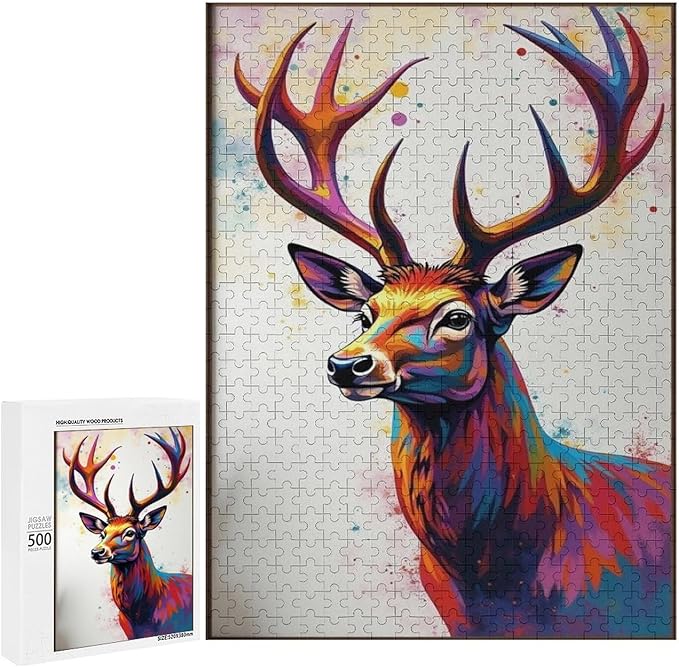 Wooden Puzzles 500 Piece，Color Abstract Deer Painting Themed Jigsaw Puzzles，Challenge Puzzles，Educational Games，Family Puzzles，Unique Gifts for Wall Art，Funny Puzzles，Stress Relief Games