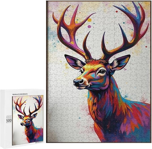 Wooden Puzzles 500 Piece，Color Abstract Deer Painting Themed Jigsaw Puzzles，Challenge Puzzles，Educational Games，Family Puzzles，Unique Gifts for Wall Art，Funny Puzzles，Stress Relief Games