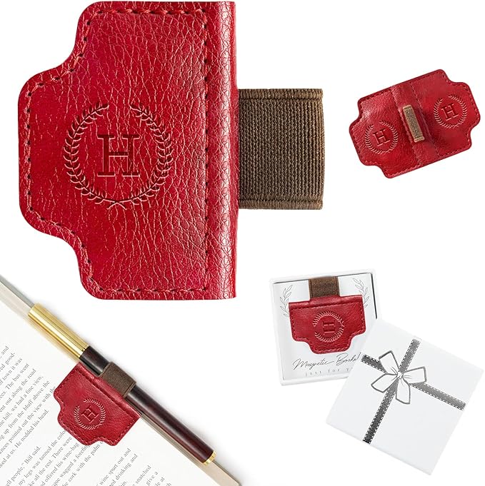 BygoneMark Magnetic Leather Bookmark with Pen Holder, Personalized Custom Initial Page Marker & Pen Clip, Professional Book Accessory for Students (Red-H)