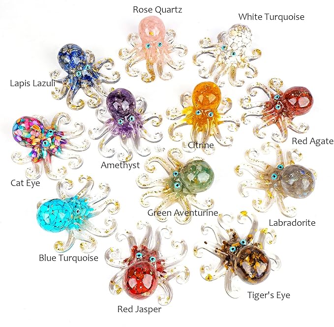 Natural Crystal Gravel Octopus Resin Marine Animals Fish Tank Decorative Ornaments Octopus Statue Healing Crystal Home Decor Ladies Gift 3.93" (White-Turquoise, 3.93")