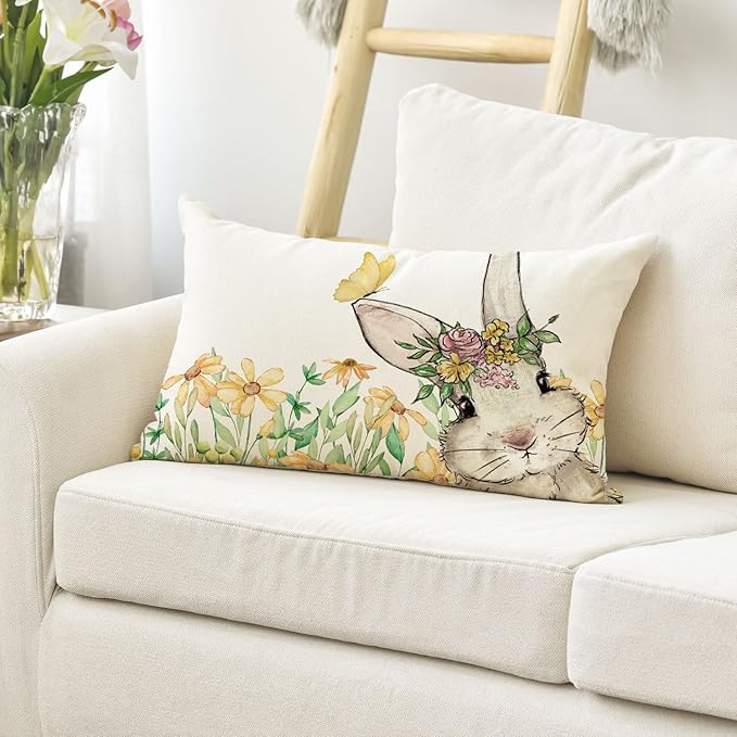 AVOIN colorlife Easter Yellow Floral Garland Bunny Throw Pillow Cover, 12 x 20 Inch Spring Rabbit Holiday Cushion Case Decoration for Sofa Couch