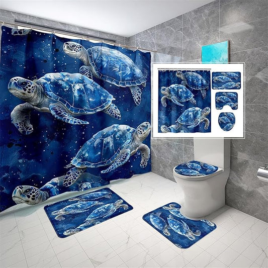 Sea Turtle Shower Curtain - 4 Pcs Turtle Bathroom Shower Curtain Sets with Rug Turtle Shower Curtains for Bathroom Sea Turtle Bathroom Decor for Bathroom Decor with 12 Hooks