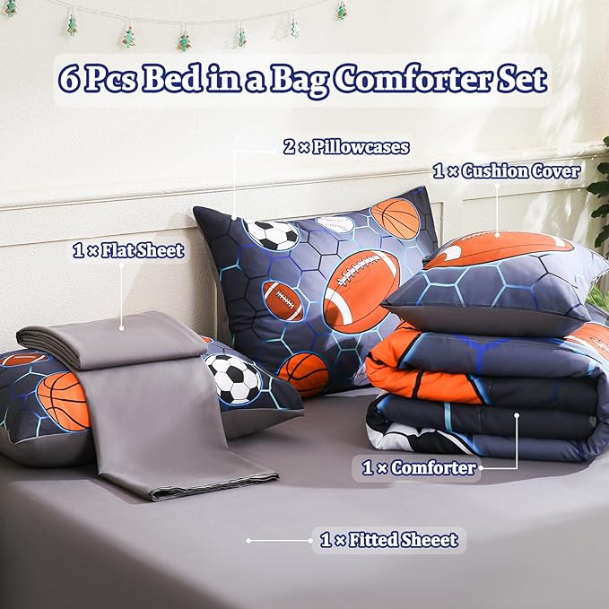 6 Pcs Bed in A Bag Twin Size Comforter Sets for Boys,Sports Bedding Sets,Baseball Soccer Basketball Football Comforter Sets with Sheets for Kids Teens