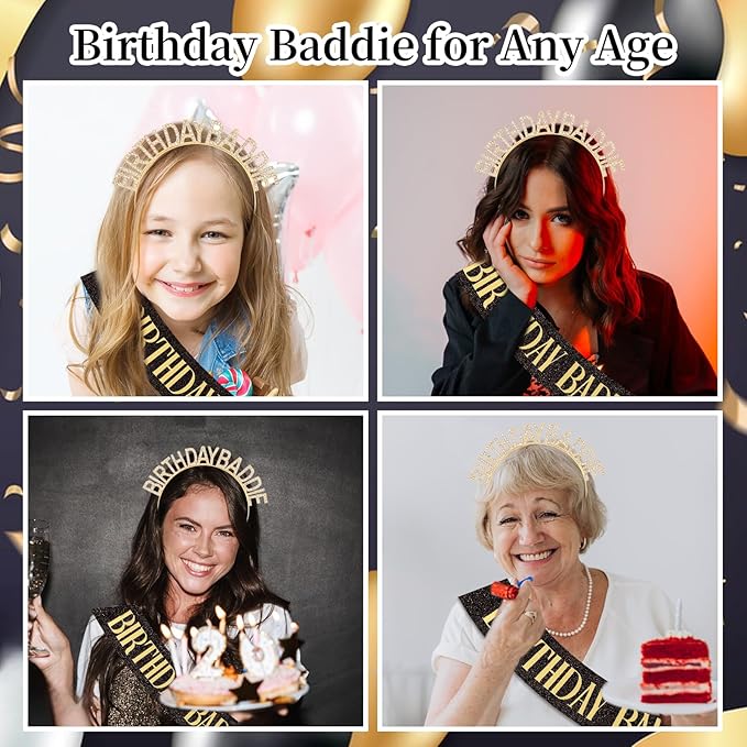 Canitor Birthday Baddie Sash Crown Set Birthday Gifts Party Favors Supplies Decorations & Accessories for Women Girl Adult Dress Outfits Rhinestone Tiara Headband Soft Satin Sash