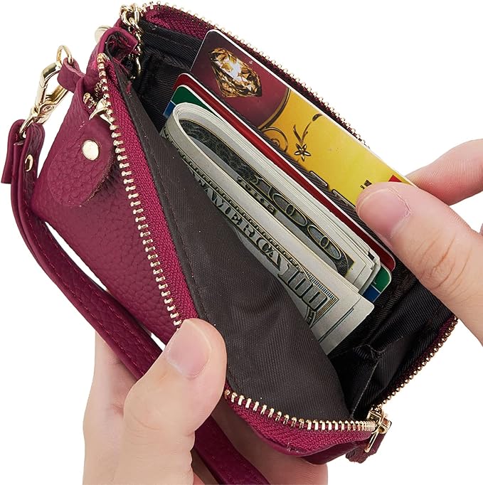 Genuine Leather Coin Purse for Women with Large Opening & Wrist Strap Navy (Rose)