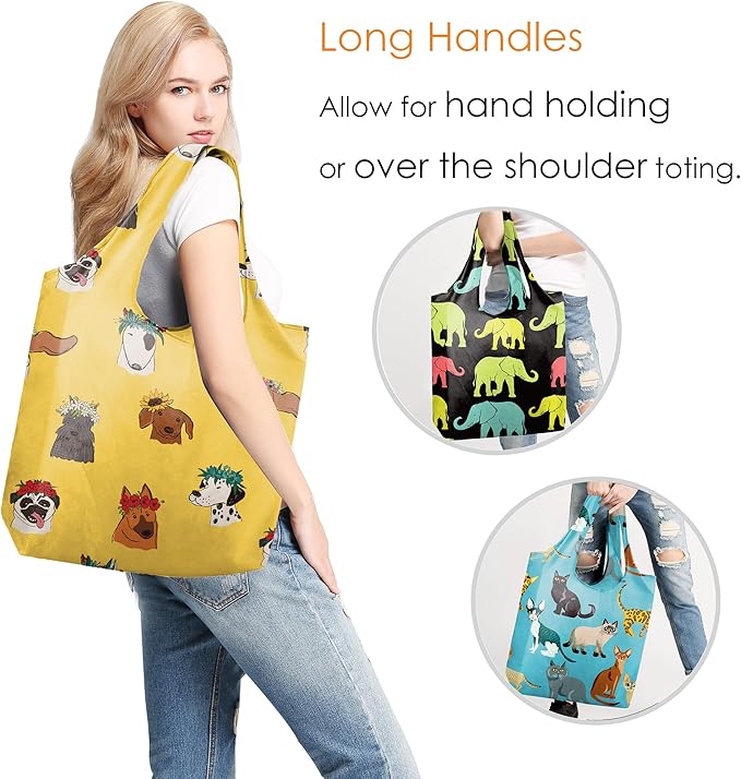BeeGreen Animals Reusable Grocery Bags Reusable Kitchen Bags Bulk Foldable-Machine Washable with Zipper Storage Pouch 6 Packs