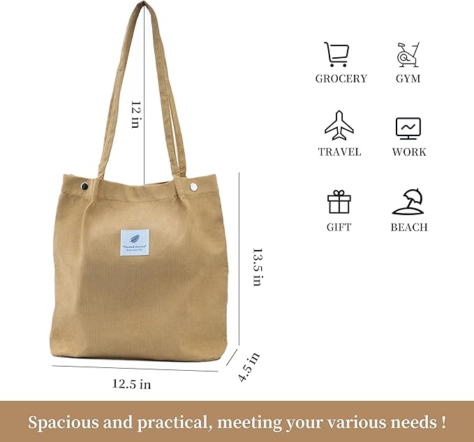 Corduroy Tote Bag Cute Tote Bags for Women Shoulder Bag with Inner Pocket for Work Beach Travel and Shopping Grocery