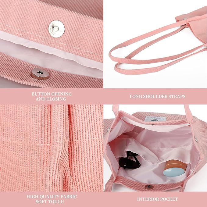 Corduroy Tote Bag Cute Tote Bags for Women Shoulder Bag with Inner Pocket for Work Beach Travel and Shopping Grocery